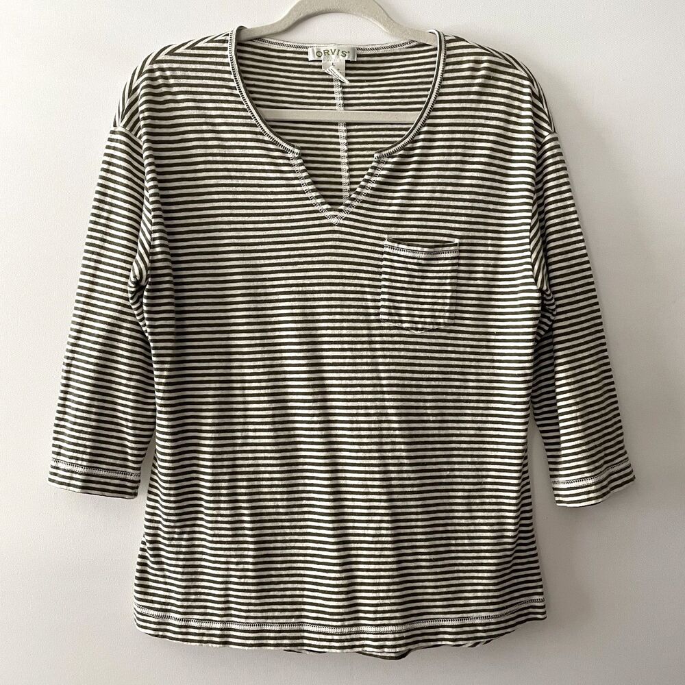 Orvis Striped Knit Top 3/4 Sleeve Split Neck Pocket Olive Cream Size L-dmpv